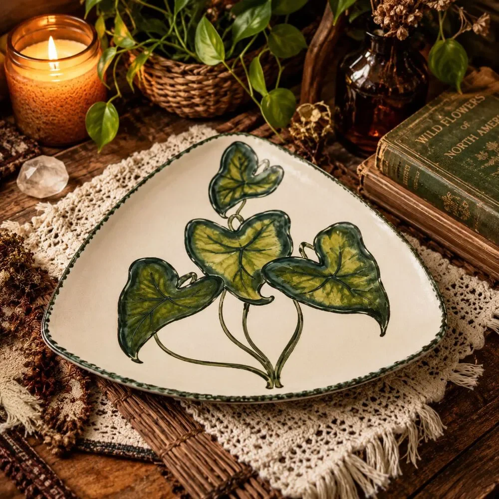 Vintage Ceramic Trinket Dish Triangle Ivy Plate Holland Mold Signed 1973 Decor